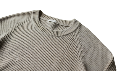 Light beige ribbed knit sweater with round neckline and short sleeves transparent background