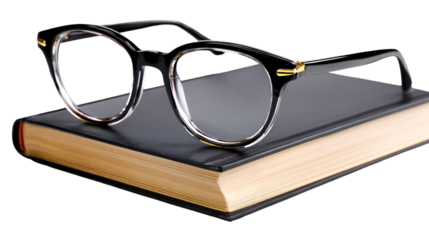 Modern Black Eyeglasses Resting on a Closed Leather Book

