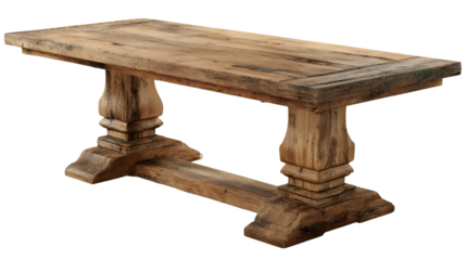 Large Rustic Wooden Dining Table with Hand-Carved Trestle Base

