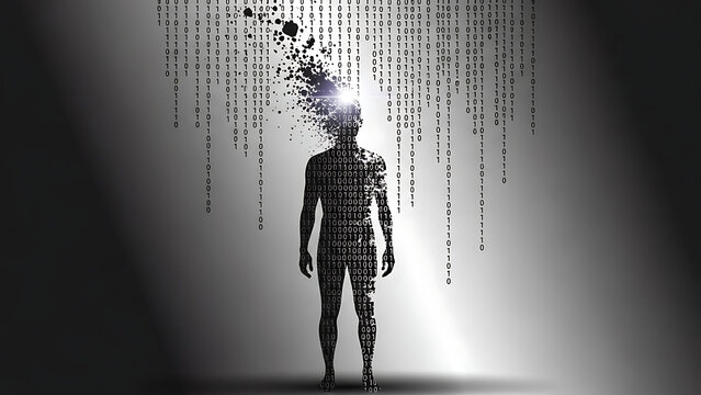 Human figure dissolving into binary code, futuristic digital concept with dark background and dramatic lighting - Powered by Adobe