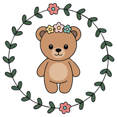 cute bear with flowers and leaves design animal zoo life nature character childhood theme vector illustration