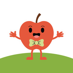 caricature of a realistic apple fruit placed over green grass on white background vector illustration