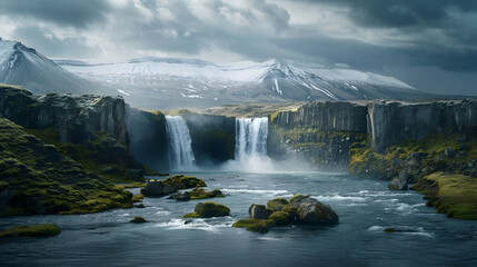 Majestic waterfall cascading from a high cliff into a serene landscape