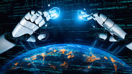 This image features a striking visualization of a robotic interaction with Earth, set against a backdrop of digital code, emphasizing the fusion of technology and global connectivity. Xenic