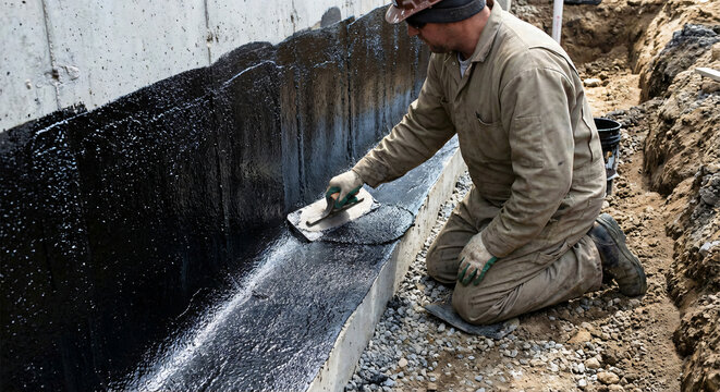 A construction worker applies black waterproofing sealant to a building foundation with a trowel in a trench.