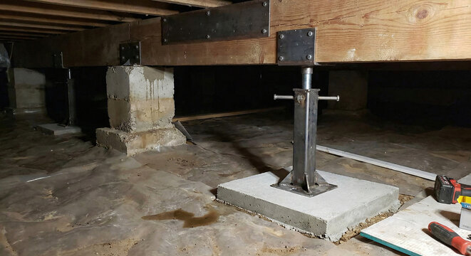 Crawl space with wooden beams, concrete piers, and adjustable metal jack post supporting the floor structure.