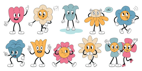 Obraz premium Groovy flowers characters. Funny retro chamomile, cartoon daisy and tulip. Isolated vintage floral mascots. Emotional plants, stickers design, neoteric vector clipart