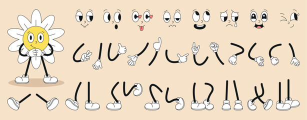 Daisy character constructor. Groovy chamomile faces, hands and legs various poses. Children mascot, make your sticker. Cartoon animation parts neoteric vector set