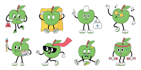 Obraz premium Groovy apple character. Funny positive apples retro style. Funky fruits various poses and emotions. Superhero, sporty characters, doctor and painter, neoteric vector set