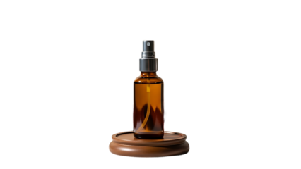 Amber glass spray bottle with black cap on wooden base against beige background with red fabric transparent background