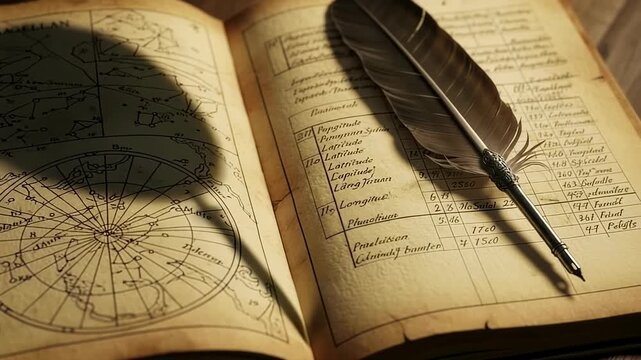 Exploring Magellan's expedition logbook with a ship's mast silhouette on the map and quill pen in motion