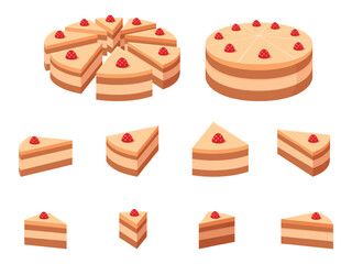 Cakes slices infographics. Party cake with berry and choco. Many parts of pie, isometric constructor. Sweet food for cafe, restaurant, bakery, sapid vector set © MicroOne