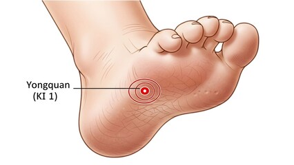 Yongquan Acupuncture Point (KI 1) Location on Foot Sole - Medical Illustration