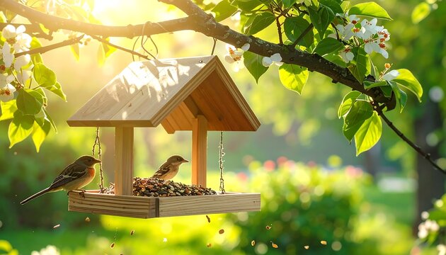 Birds at Bird Feeder in Sunny Garden, Springtime