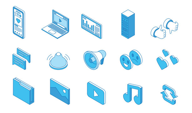 Isometric line social media icons. Exchange and storage of data, information, message notification. Digital devices, laptop, smartphone and tablet, nifty vector set