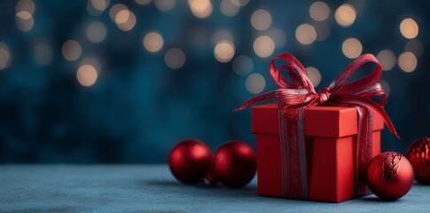 Festive red gift box with ribbon and ornaments, soft bokeh lights background