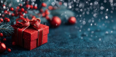 Sparkling red Christmas gift box with festive decorations and falling snow