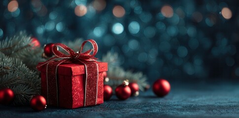 Festive red Christmas gift box with ribbon and ornaments on a dark background