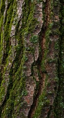 Obraz premium Detailed macro photograph capturing the rough texture of old tree bark covered in green moss and lichen, highlighting organic forest growth ,bark ,log ,natural material