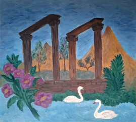 landscape with a beautiful ancients columns, gardens and two swans, flowers