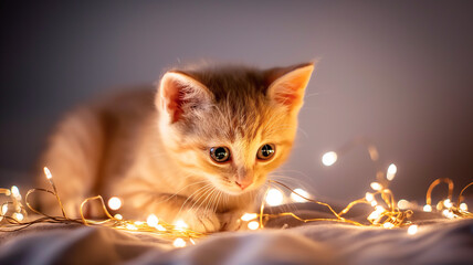 A kitten carefully examining the New Year's garland against the background of soft bokeh