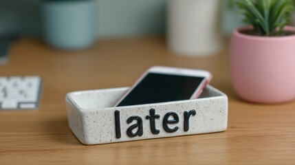 Social detox for creatives, A minimalist desk scene featuring a jewelry dish labeled "later" with a phone inside, complemented by a small potted plant, promoting organization and relaxation.