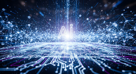 Abstract visual representation of artificial intelligence illuminating complex digital networks showcasing technological evolution and futuristic data processing in a dark environment