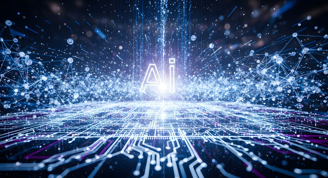 Abstract visual representation of artificial intelligence illuminating complex digital networks showcasing technological evolution and futuristic data processing in a dark environment - Powered by Adobe