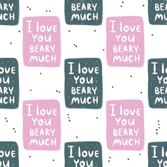 seamless pattern with cartoon hand drawing lettering, decor elements. Colorful illustration flat style for kids. hand drawing. baby design for fabric, print, wrapper, textile