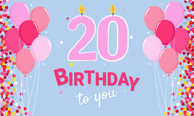 20th anniversary. Birthday greeting card with balloons and a candle with pink numbers.