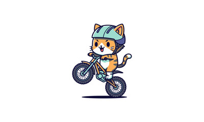 Cartoon Cat Riding Bicycle with Helmet.