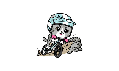 Cartoon Cat Riding Bicycle with Helmet.