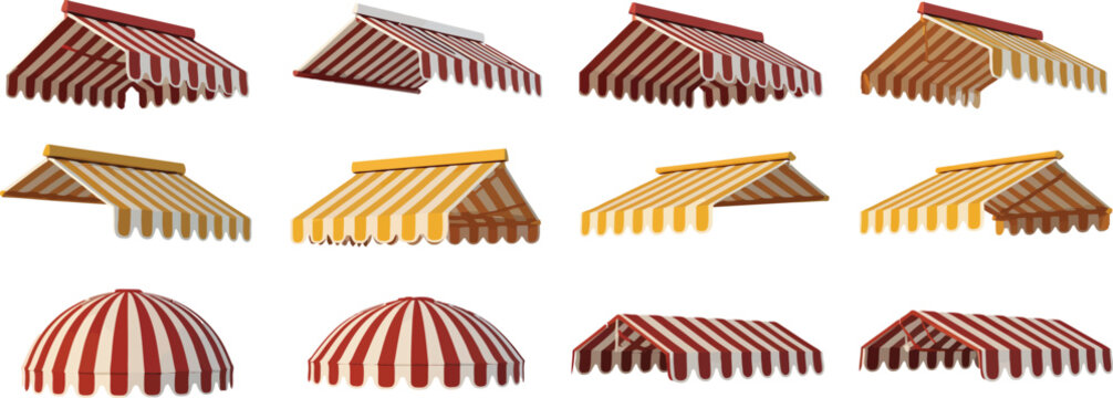 Collection of colorful striped awnings in various styles on transparent background silhouette vector

