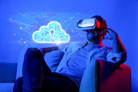 A modern man experiences immersive virtual reality, engaging with cloud computing and online storage concepts, showcasing the future of business and technology interactions. XDMCP - Powered by Adobe
