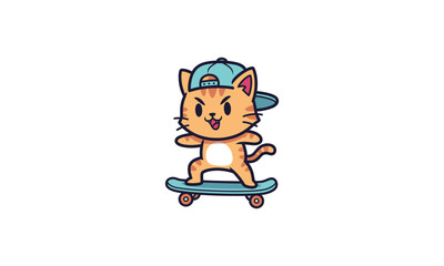 Cartoon Cat Riding Skateboard Wearing Cap.