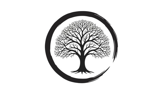 Black silhouette of a strong, bare tree with visible roots inside a brushstroke ensō circle, symbolizing strength and wisdom on an isolated white background.