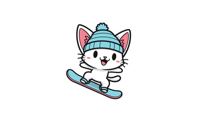 Cartoon Cat Skiing with Hat On.