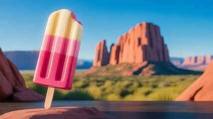 Tri-colored popsicle with bite mark in a desert landscape with rock formations and water ice pop frozen treat