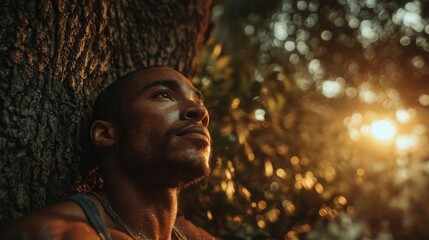Serene man meditating against tree at sunset with peaceful expression