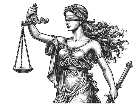 A lady figure holding scales and sword