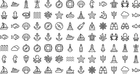 Marine Life Nautical Line Icons Vector Set – Ocean  Fish Anchor Sailboat Lighthouse Coral Whale Shell Ship  Navigation Underwater Outline Icon Pack UI Web App © Pixel_Forge