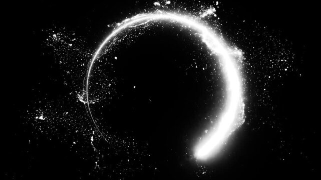 White neon light trail circle round frame. Circular Portal with glowing light sparkles and glitter particles  isolated on black background, bokeh, empty space for text, chroma key VFX for overlay