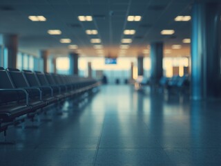 Empty airport departure lounge interior with rows of seats and a glossy, reflective floor. Blurred modern background lighting provides a sense of travel and anticipation.