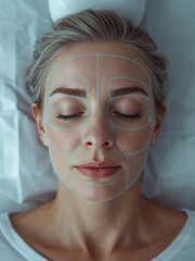 A middle-aged woman is lying with closed eyes and blue lines marking her face. These surgical markings indicate preparation for a cosmetic procedure or facial analysis.
