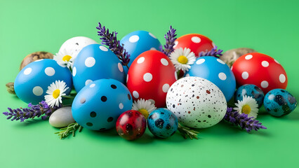 Colorful easter eggs with flowers on green background