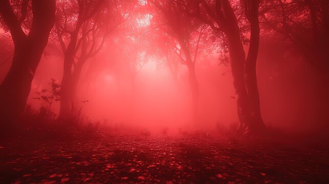 Eerie Red - Tinted Forest with Mist and Sunlight Streaks