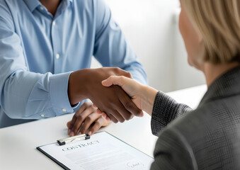 Fototapeta premium Business handshake between two professionals at a desk