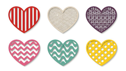 Six colorful hearts with various patterns on a white background