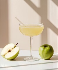 Minimal still life of a fresh green apple cocktail in a coupe glass with sliced apples, soft sunlight and clean shadows, modern lifestyle drink concept, healthy refreshment and elegance.
