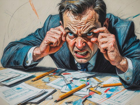 An enraged businessman strains his eyes while sitting at a messy desk. This intense illustration highlights themes of stress, pressure, and workplace frustration.